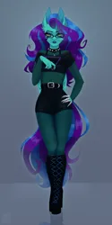 Size: 1626x3240 | Tagged: safe, alternate version, artist:elektra-gertly, derpibooru import, oc, oc:star dust, unofficial characters only, anthro, pegasus, belt, black underwear, blouse, blue eyeshadow, blue lipstick, blue mane, blue tail, boots, bra, choker, clothes, commission, ear piercing, earring, eyelashes, eyeliner, eyeshadow, femboy, folded wings, glasses, goth, gray background, green eyes, hand on hip, high heel boots, high heels, image, jewelry, lipstick, long hair male, long mane, long nails, long tail, looking at you, loose hair, makeup, male, metal claws, pantyhose, pathetic, pegasus oc, piercing, platform heels, platform shoes, png, purple mane, purple tail, reflection, see-through, shirt, shoes, shorts, simple background, socks, spiked choker, standing, t-shirt, tail, teal wings, thigh highs, two toned mane, two toned tail, underwear, unimpressed, wings