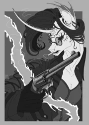 Size: 3543x4961 | Tagged: safe, artist:hilloty, derpibooru import, oc, anthro, unicorn, anthro oc, black and white, cigarette, clothes, coat, fangs, female, glasses, grayscale, gun, handgun, image, jpeg, lineart, monochrome, revolver, solo, weapon