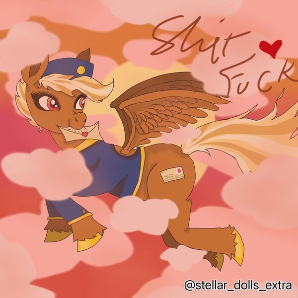 Size: 1080x1080 | Tagged: safe, artist:stellar_dolls_extra, derpibooru import, pegasus, pony, blonde, cloud, female, flying, forced meme, heart, image, jpeg, letter, mare, meme, mouth hold, red eyes, shitfuck meme, signature, sky, smiling, spread wings, swift reply, vulgar, wings