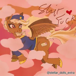 Size: 1080x1080 | Tagged: safe, artist:stellar_dolls_extra, derpibooru import, pegasus, pony, blonde, cloud, female, flying, forced meme, heart, image, jpeg, letter, mare, meme, mouth hold, red eyes, shitfuck meme, signature, sky, smiling, spread wings, swift reply, vulgar, wings