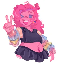 Size: 636x700 | Tagged: safe, artist:onionpwder, derpibooru import, pinkie pie, equestria girls, alternate hairstyle, belly button, blushing, chubby, clothes, cute, diapinkes, ear piercing, earring, female, image, jewelry, midriff, one eye closed, open mouth, peace sign, piercing, png, shirt, simple background, skirt, solo, white background, wink