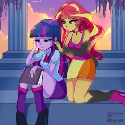 Size: 4000x4000 | Tagged: safe, artist:xjenn9, derpibooru import, sunset shimmer, twilight sparkle, twilight sparkle (alicorn), alicorn, equestria girls, book, comforting, crying, image, png, stairs