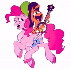 Size: 680x673 | Tagged: safe, artist:morgantoast, derpibooru import, pinkie pie, alien, earth pony, pony, banjo, crossover, cute, daaaaaaaaaaaw, diapinkes, duo, hat, image, jpeg, looking at each other, looking at someone, musical instrument, prancing, riding, riding a pony, simple background, wander (wander over yonder), wander over yonder, white background