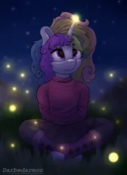 Size: 2048x2816 | Tagged: safe, artist:darbedarmoc, derpibooru import, oc, unofficial characters only, anthro, unicorn, boots, calm, clothes, fog, grass, image, light, lotus position, magic, mountain, night, png, relaxing, shoes, sitting, skirt, solo, stars, sweater
