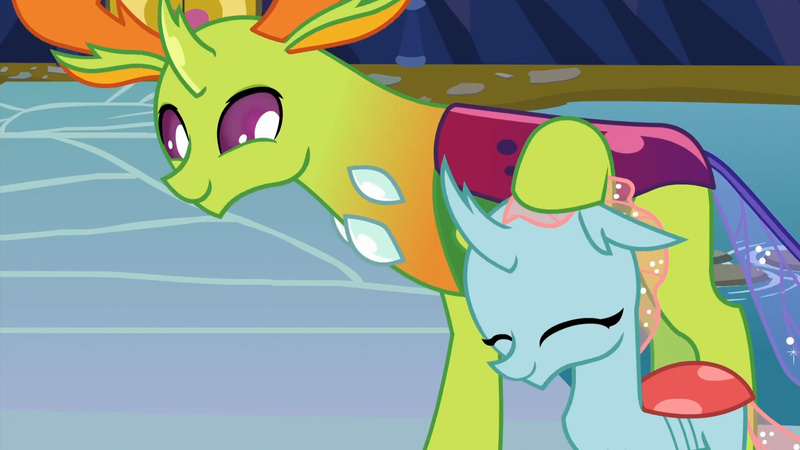 Size: 1920x1080 | Tagged: safe, derpibooru import, screencap, ocellus, thorax, changedling, changeling, school daze, season 8, spoiler:s08, 1080p, ^^, cute, daaaaaaaaaaaw, diaocelles, duo, eyes closed, female, friendship student, happy, image, king thorax, male, noogie, papa thorax, png, smiling, thorabetes