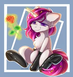 Size: 2120x2233 | Tagged: safe, alternate version, artist:yuris, derpibooru import, oc, oc:zew, pony, unicorn, clothes, commission, flower, frog (hoof), gloves, image, latex, latex gloves, latex socks, latex stockings, long gloves, magic, magic aura, png, rose, simple background, sitting, smiling, socks, solo, stockings, telekinesis, thigh highs, underhoof