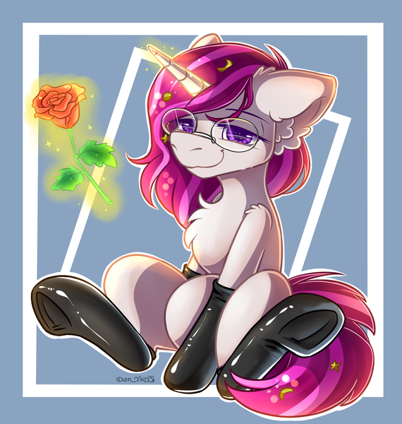 Size: 2120x2233 | Tagged: safe, alternate version, artist:yuris, derpibooru import, oc, oc:zew, pony, unicorn, clothes, commission, flower, frog (hoof), glasses, gloves, image, latex, latex gloves, latex socks, latex stockings, long gloves, magic, magic aura, png, rose, simple background, sitting, smiling, socks, solo, stockings, telekinesis, thigh highs, underhoof