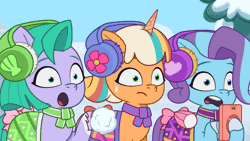 Size: 960x540 | Tagged: safe, derpibooru import, screencap, earth pony, pegasus, pony, unicorn, g5, my little pony: tell your tale, spoiler:g5, spoiler:my little pony: tell your tale, spoiler:tyts01e37, :o, animated, earmuffs, female, filly, foal, gif, glory (g5), image, mobile phone, open mouth, peach fizz, phone, pinpoint eyes, pippsqueak trio, pippsqueaks, seashell (g5), smartphone, snow, snow pun intended, snowball