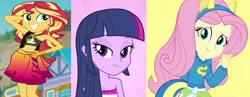 Size: 1370x531 | Tagged: safe, derpibooru import, fluttershy, sunset shimmer, twilight sparkle, equestria girls, equestria girls (movie), equestria girls series, forgotten friendship, beach shorts swimsuit, beautiful, cropped, fake ears, fake tail, fall formal outfits, female, image, lidded eyes, png, sunset shimmer swimsuit, sunset shimmer's beach shorts swimsuit, trio, trio female, waifu, wondercolts uniform