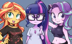 Size: 1307x800 | Tagged: safe, artist:k-nattoh, derpibooru import, sci-twi, starlight glimmer, sunset shimmer, twilight sparkle, human, equestria girls, bracelet, bust, choker, clothes, image, jpeg, midriff, open mouth, smiling, spiked choker, spiked wristband, trio, wristband