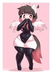 Size: 850x1177 | Tagged: safe, artist:borvar, derpibooru import, oc, oc:arwencuack, anthro, pegasus, arm hooves, blushing, bodysuit, butt, clothes, disproportional anatomy, evening gloves, gloves, huge butt, image, jpeg, large butt, latex, latex gloves, latex leotard, latex stockings, leotard, long gloves, signature, solo, stockings, thigh highs, wide hips, wingding eyes