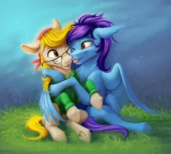 Size: 3338x3000 | Tagged: safe, artist:klarapl, derpibooru import, oc, oc:brackets, unofficial characters only, earth pony, pegasus, pony, :p, bandana, clothes, cute, duo, earth pony oc, floppy ears, friendship, glasses, grass, hug, image, jpeg, male, pegasus oc, shirt, sitting, smiling, stallion, tongue out, winghug, wings