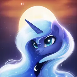 Size: 2560x2560 | Tagged: safe, derpibooru import, machine learning generated, novelai, stable diffusion, princess luna, alicorn, pony, abstract background, ai content, bust, cute, female, high res, horn, image, jewelry, jpeg, looking at you, mare, moon, night, night sky, portrait, prompter:endless--, regalia, sky, smiling, smiling at you, solo