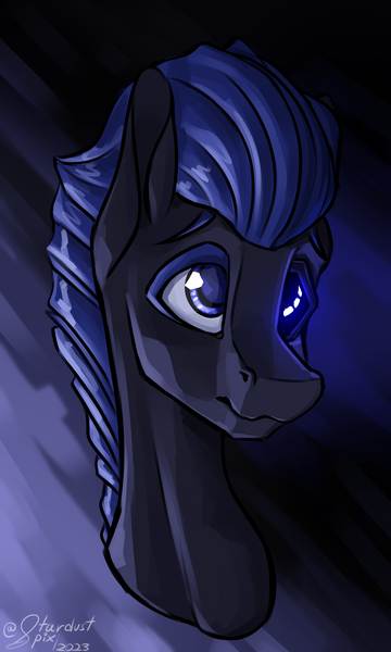 Size: 2400x4000 | Tagged: safe, artist:stardustspix, derpibooru import, oc, oc:disthene, unofficial characters only, earth pony, pony, abstract background, black coat, blue eyes, blue mane, bust, earth pony oc, glow, high res, image, male, png, portrait, prosthetic eye, prosthetics, solo, stallion, sternocleidomastoid