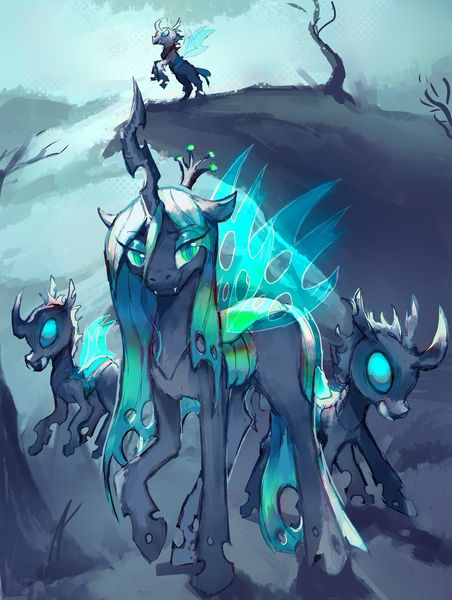 Size: 2845x3780 | Tagged: safe, artist:kekekekekekekk_, derpibooru import, queen chrysalis, changeling, changeling queen, pony, female, image, mare, png, raised hoof, wings