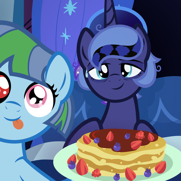 Size: 3000x3000 | Tagged: safe, artist:seasemissary, derpibooru import, princess luna, oc, pony, blueberry, duo, female, filly, foal, food, image, pancakes, parent:princess luna, png, strawberry, tongue out