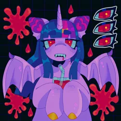 Size: 1440x1440 | Tagged: safe, artist:ariariari.png, derpibooru import, twilight sparkle, alicorn, bat pony, bat pony alicorn, pony, bat ears, bat ponified, bat wings, blood, blood bag, blood splatter, colored hooves, fangs, februpony, female, horn, image, jpeg, lidded eyes, multicolored hair, race swap, red eyes, solo, solo female, straw, twibat, wings