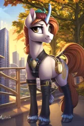 Size: 512x768 | Tagged: safe, derpibooru import, machine learning generated, novelai, stable diffusion, kirin, unicorn, ai content, autumn, city, clothes, fence, image, nai diffusion furry beta v1.3, png, prompter:emilia starsong, solo, tree