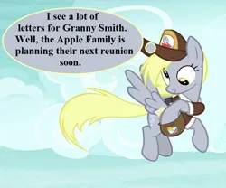 Size: 864x720 | Tagged: safe, derpibooru import, edit, edited screencap, screencap, derpy hooves, school raze, bag, cropped, cute, derpabetes, hat, image, implied granny smith, mailbag, mailmare hat, mailmare uniform, png, thought bubble