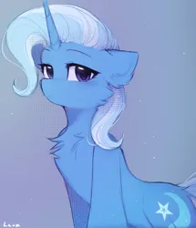 Size: 1358x1580 | Tagged: safe, artist:lerkfruitbat, derpibooru import, trixie, pony, unicorn, abstract background, chest fluff, cute, diatrixes, ear fluff, female, horn, image, jpeg, looking at you, mare, signature, solo
