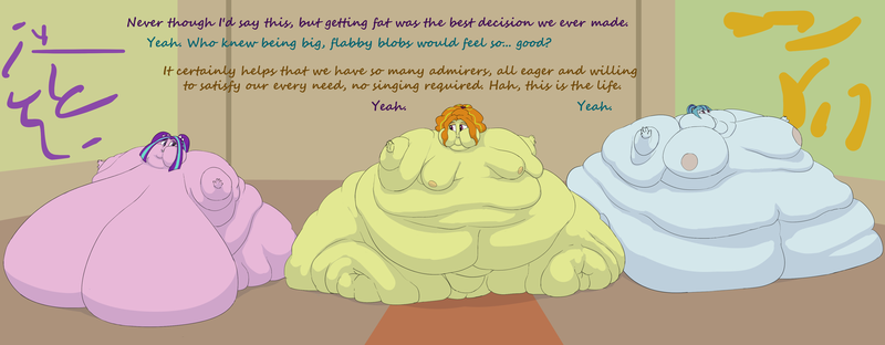 Size: 4000x1558 | Tagged: questionable, artist:lupin quill, derpibooru import, adagio dazzle, aria blaze, sonata dusk, human, series:doughy dazzlings (weight gain), equestria girls, adagio dat-azzle, adagio wobble, areola, aria blob, bedroom eyes, belly, belly button, big belly, big breasts, bingo wings, blob, breasts, busty aria blaze, busty sonata dusk, cankles, chubby cheeks, dialogue, double chin, fat, fat boobs, fat fetish, female, females only, fetish, fupa, huge belly, huge breasts, image, immobile, impossibly large belly, impossibly large breasts, impossibly obese, impossibly wide hips, morbidly obese, multichin, nipples, nudity, obese, png, rolls of fat, sagging breasts, simple background, sonatubby, the dazzlings, thighs, thunder thighs, weight gain, wide hips