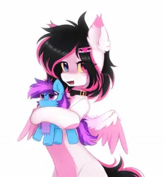 Size: 1258x1357 | Tagged: safe, artist:lerkfruitbat, derpibooru import, oc, oc:lunylin, oc:nohra, unofficial characters only, pegasus, pony, collar, ear fluff, female, heterochromia, holding, image, jpeg, looking at you, mare, open mouth, pegasus oc, plushie, pony plushie, signature, simple background, spread wings, white background, wings