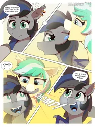 Size: 3000x4000 | Tagged: safe, artist:pedalspony, derpibooru import, oc, oc:icy breeze, oc:nightglider, bat pony, bat pony oc, bat wings, comic, dialogue, ear piercing, fangs, image, piercing, png, tongue out, wingding eyes, wings