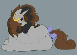 Size: 3500x2500 | Tagged: suggestive, artist:aerospine, derpibooru import, oc, oc:calm respite, pony, unicorn, bow, ear piercing, earring, female, flank, gift art, glasses, gray coat, image, jewelry, large butt, lips, lipstick, lying down, mare, messy mane, piercing, png, tail, tail bow, the ass was fat, wide hips