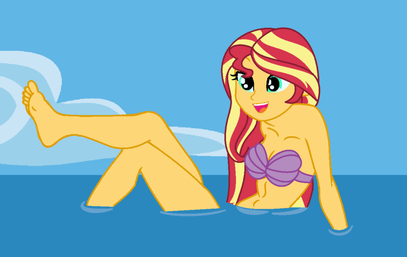 Size: 1304x824 | Tagged: suggestive, artist:robertsonskywa1, derpibooru import, sunset shimmer, equestria girls, almost nude, bottomless, bra, clothes, feet, female, half naked, happy, image, legs, nudity, partial nudity, photo, png, seashell, seashell bra, sexy, sitting, smiling, solo, solo female, stupid sexy sunset shimmer, the little mermaid, underwear, water