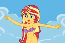 Size: 1079x719 | Tagged: suggestive, artist:robertsonskywa1, derpibooru import, sunset shimmer, equestria girls, almost nude, balancing, bottomless, bra, clothes, female, half naked, happy, image, legs, nudity, partial nudity, photo, png, seashell, seashell bra, sexy, sitting, smiling, solo, solo female, standing, stupid sexy sunset shimmer, the little mermaid, underwear, water