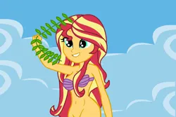 Size: 1080x720 | Tagged: suggestive, artist:robertsonskywa1, derpibooru import, sunset shimmer, equestria girls, almost nude, bottomless, bra, clothes, female, half naked, happy, image, legs, nudity, partial nudity, photo, png, seashell, seashell bra, seaweed, sexy, sitting, smiling, solo, solo female, standing, stupid sexy sunset shimmer, the little mermaid, underwear, water