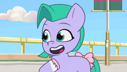 Size: 960x540 | Tagged: safe, derpibooru import, screencap, earth pony, pony, g5, my little pony: tell your tale, spoiler:g5, spoiler:my little pony: tell your tale, spoiler:tyts01e07, animated, bow, clip trot, eyes closed, female, filly, foal, gif, image, open mouth, pippsqueaks, seashell (g5), singing, smiling, solo, tail, tail bow