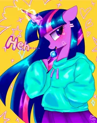 Size: 1623x2048 | Tagged: safe, artist:petaltwinkle, derpibooru import, twilight sparkle, pony, semi-anthro, unicorn, abstract background, blushing, candy, clothes, female, food, glow, glowing horn, heh, hoodie, hoof hold, horn, image, jpeg, lollipop, magnetic hooves, mare, open mouth, open smile, skirt, smiling, solo, unicorn twilight