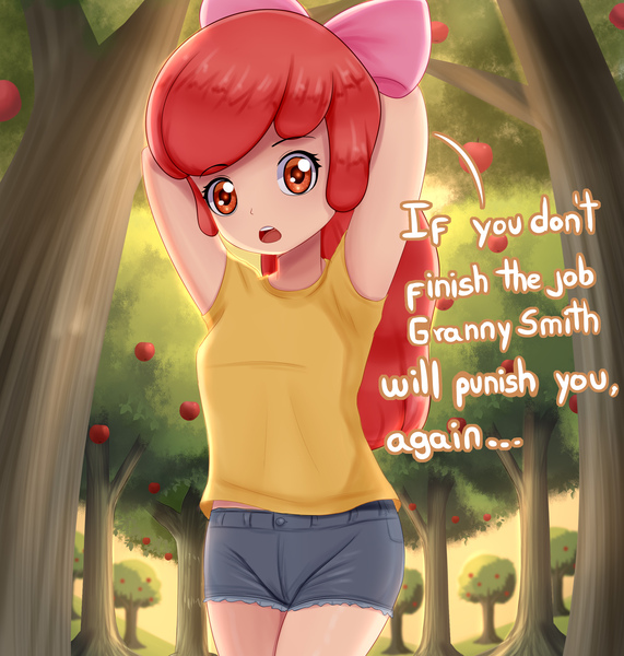 Size: 2362x2480 | Tagged: safe, artist:focusb, derpibooru import, apple bloom, equestria girls, apple family member, clothes, dialogue, female, high res, human coloration, image, implied granny smith, jpeg, shorts, solo, talking to viewer