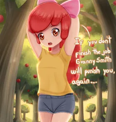 Size: 2362x2480 | Tagged: safe, artist:focusb, derpibooru import, apple bloom, equestria girls, apple family member, clothes, dialogue, female, high res, human coloration, image, implied granny smith, jpeg, shorts, solo, talking to viewer