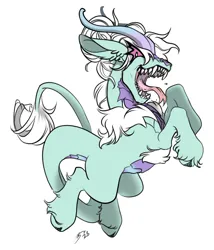 Size: 3477x4069 | Tagged: safe, artist:opalacorn, derpibooru import, oc, unofficial characters only, monster pony, pony, cloven hooves, colored, commission, fangs, forked tongue, horns, image, jpeg, open mouth, rearing, sharp teeth, simple background, snarling, solo, teeth, white background