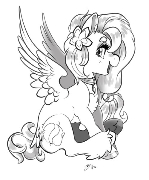 Size: 3409x4096 | Tagged: safe, artist:opalacorn, derpibooru import, oc, unofficial characters only, pegasus, pony, chest fluff, choker, female, flower, flower in hair, grayscale, image, jpeg, looking at you, mare, monochrome, open mouth, open smile, simple background, sitting, smiling, smiling at you, solo, spread wings, tail, tail feathers, unshorn fetlocks, white background, wings