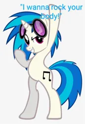 Size: 300x437 | Tagged: safe, artist:likonan, derpibooru import, edit, vinyl scratch, pony, unicorn, bipedal, caption, glasses, image, justin timberlake, looking at you, png, raised hoof, raised hooves, rock your body, solo, text