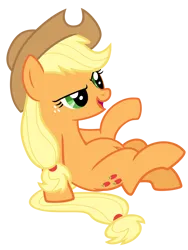 Size: 3000x4000 | Tagged: safe, alternate version, artist:reginault, derpibooru import, edit, editor:oathcharm, vector edit, applejack, earth pony, pony, fall weather friends, absurd resolution, belly, belly button, belly edit, female, image, mare, open mouth, png, raised hoof, simple background, sitting, smiling, solo, transparent background, vector
