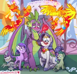 Size: 3120x3000 | Tagged: safe, artist:corazon, derpibooru import, opalescence, peewee, rarity, spike, oc, oc:crystal clarity, oc:turquoise blitz, cat, dracony, dragon, hybrid, phoenix, pony, unicorn, kilalaverse, bow, chest fluff, crying, female, flower, flying, glasses, heart, image, interspecies offspring, jewelry, looking at each other, looking at someone, male, mare, medal, necklace, offspring, open mouth, parent:rarity, parent:spike, parents:sparity, png, raised hoof, ring, shipping, sitting, smiling, sparity, straight, window, winged spike, wings