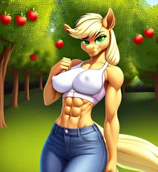 Size: 2760x2999 | Tagged: suggestive, derpibooru import, machine learning generated, stable diffusion, applejack, anthro, abs, ai content, apple, applejacked, clothes, erect nipples, female, food, generator:purplesmart.ai, image, looking at you, muscles, muscular female, nipple outline, orchard, outdoors, png, solo, solo female, sports bra, standing