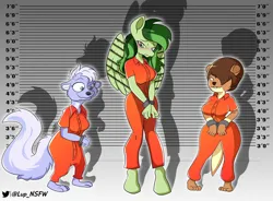 Size: 2048x1508 | Tagged: safe, artist:lupdrawer21, derpibooru import, oc, oc:eden shallowleaf, anthro, otter, skunk, unguligrade anthro, clothes, cuffs, furry, image, jumpsuit, png, prison outfit, trio, varying degrees of want