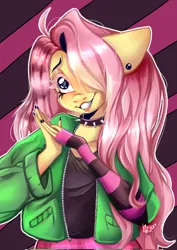 Size: 1451x2048 | Tagged: safe, artist:pozya1007, derpibooru import, fluttershy, anthro, pegasus, pony, black nail polish, choker, clothes, cute, draw this in your style, dtiys emoflat, ear piercing, earring, evening gloves, female, fingerless elbow gloves, fingerless gloves, gloves, grin, hair over one eye, hands together, image, jacket, jewelry, jpeg, long gloves, mare, piercing, shyabetes, smiling, solo, spiked choker, striped gloves