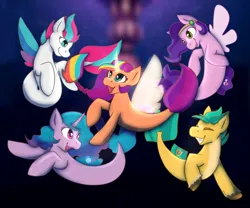 Size: 1800x1500 | Tagged: safe, artist:clairacub, derpibooru import, hitch trailblazer, izzy moonbow, pipp petals, sunny starscout, zipp storm, alicorn, earth pony, pegasus, pony, seapony (g4), unicorn, g5, bubble, digital art, dorsal fin, eyes closed, female, fin, fin wings, fins, fish tail, flowing mane, flowing tail, glow, glowing horn, green eyes, happy, horn, image, male, mane five (g5), mare, mermay, ocean, open mouth, open smile, pink eyes, png, seaponified, seapony hitch trailblazer, seapony izzy moonbow, seapony pipp petals, seapony sunny starscout, seapony zipp storm, seaquestria, smiling, species swap, stallion, swimming, tail, underwater, water, wings
