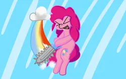 Size: 2552x1606 | Tagged: safe, artist:just loq, derpibooru import, pinkie pie, earth pony, pony, chainsaw, cloud, image, implied rainbow dash, lesbian ponies with weapons, open mouth, png, rainbow, sharp teeth, simple background, solo, teeth, vylet pony, xd