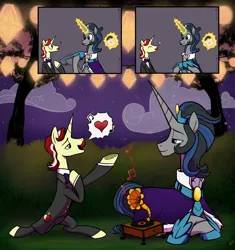 Size: 2228x2372 | Tagged: safe, derpibooru import, idw, flam, king sombra, pony, semi-anthro, unicorn, clothes, comic, couple, courtship, crack shipping, facial hair, flambra, gay, gay couple, good king sombra, heart, hoof shoes, image, jewelry, looking at each other, looking at someone, love, magic, male, mirror universe, moustache, music, music notes, png, regalia, scenery, shipping, singing, size difference, stallion