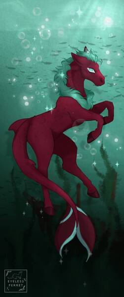 Size: 429x1024 | Tagged: safe, artist:eyelessferret, derpibooru import, oc, earth pony, fish, hybrid, merpony, original species, pony, sea pony, seahorse, shark, shark pony, bubble, crepuscular rays, digital art, dorsal fin, fin, fish tail, flowing tail, green eyes, green mane, image, jpeg, logo, looking at you, mermay, ocean, scenery, seaweed, solo, sparkles, sunlight, swimming, tail, underwater, water, watermark