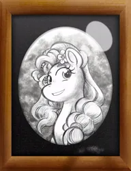 Size: 720x937 | Tagged: safe, artist:texasuberalles, derpibooru import, pear butter, earth pony, pony, bust, female, flower, flower in hair, image, jpeg, looking at you, mare, mother's day, pencil drawing, picture frame, portrait, smiling, solo, traditional art