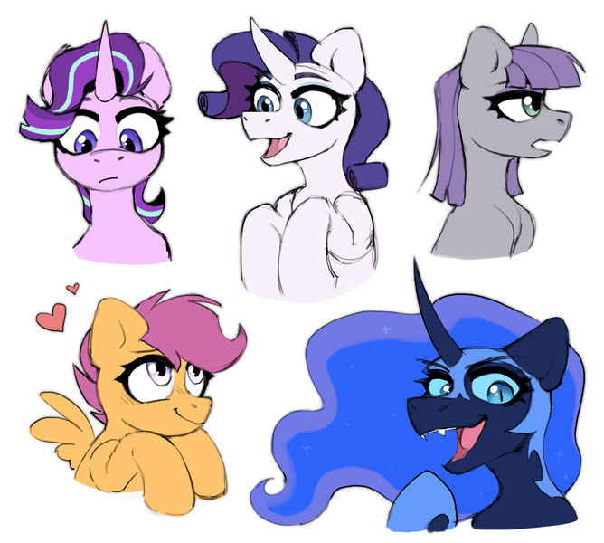 Size: 2096x1882 | Tagged: safe, artist:rtootb, derpibooru import, maud pie, nightmare moon, rarity, scootaloo, starlight glimmer, alicorn, earth pony, pegasus, pony, unicorn, :3, bust, cute, cutealoo, digital art, evil laugh, female, filly, g4, happy, heart, hooves, image, laughing, looking at someone, looking at you, looking down, looking up, mare, open mouth, png, portrait, simple background, sketch, smiling, white background