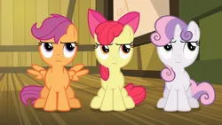 Size: 1920x1080 | Tagged: safe, derpibooru import, screencap, apple bloom, scootaloo, sweetie belle, earth pony, pegasus, pony, unicorn, somepony to watch over me, apple bloom's bow, bow, cutie mark crusaders, female, filly, foal, hair bow, image, png, sitting, trio